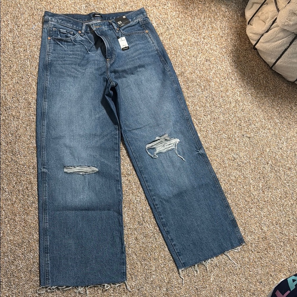 Express Blue Flare Wide Leg Jeans with Distressed Details